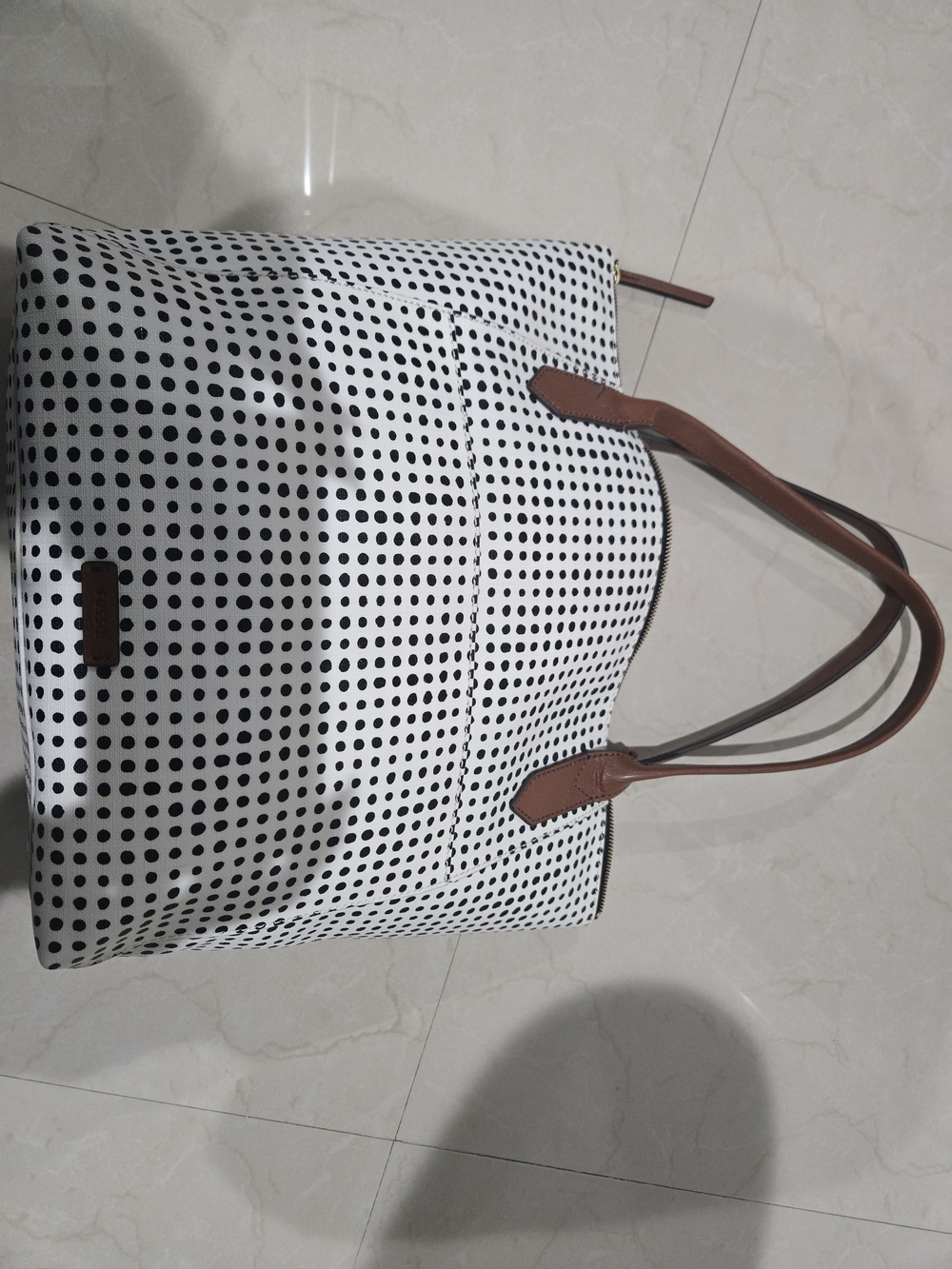 Fossil Polka Dot Tote Bag in White and Brown - Picture 2 of 9
